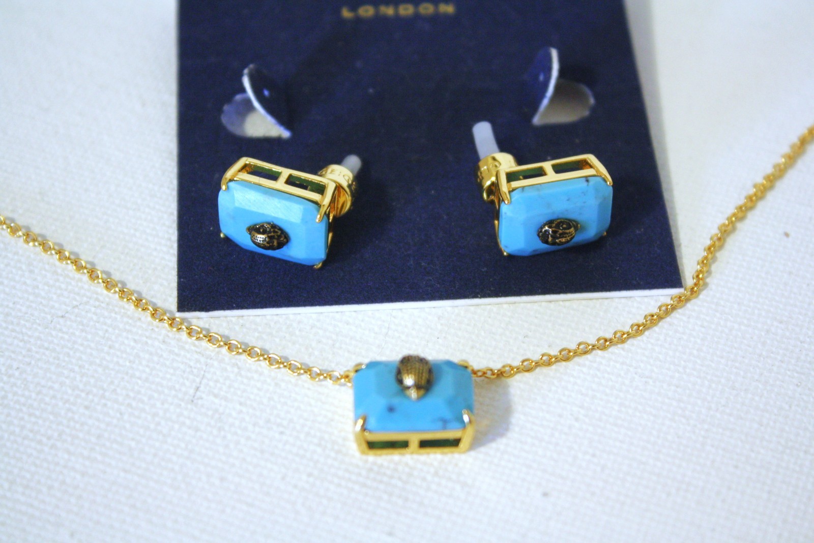 Kurt Geiger Blue Rectangular with eagle head earrings and match Necklaces NWT