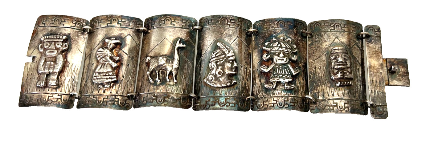 Vintage Peruvian Sterling Silver Panel Storyteller Bracelet 925 Signed AS 69g