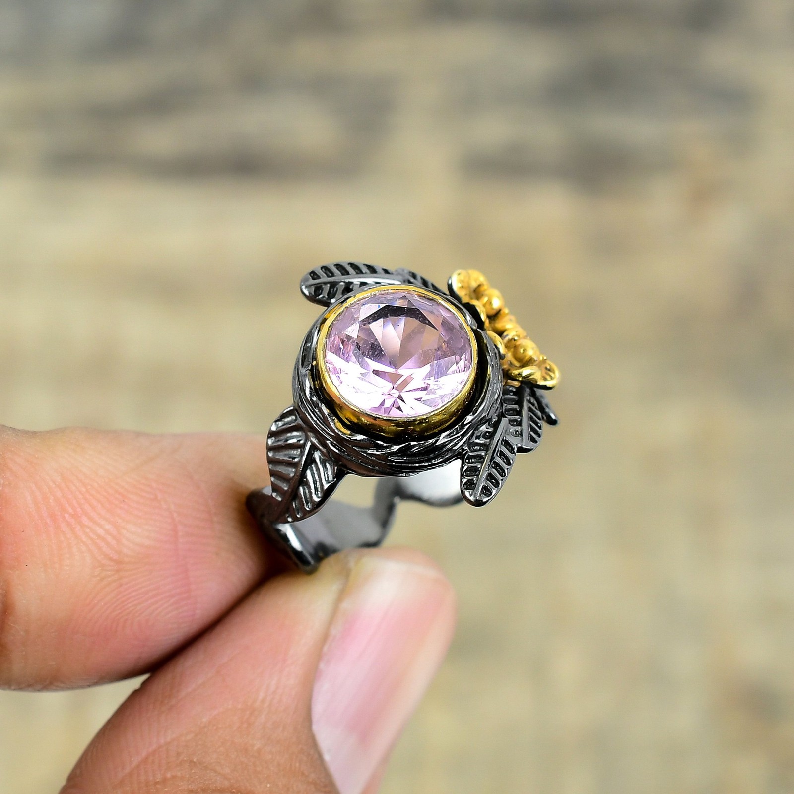 Pink Kunzite Black And Gold Plated 925 Sterling Silver Ring S.8 R8731