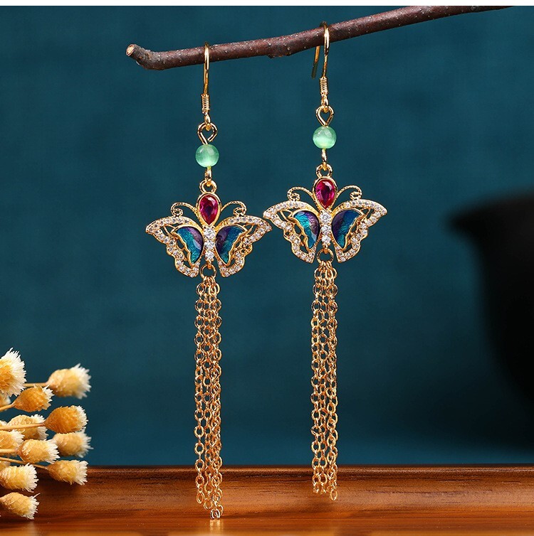 Jade Crystal Drop Dangle Earrings Butterfly Flower Bohemian 18K Gold Plated