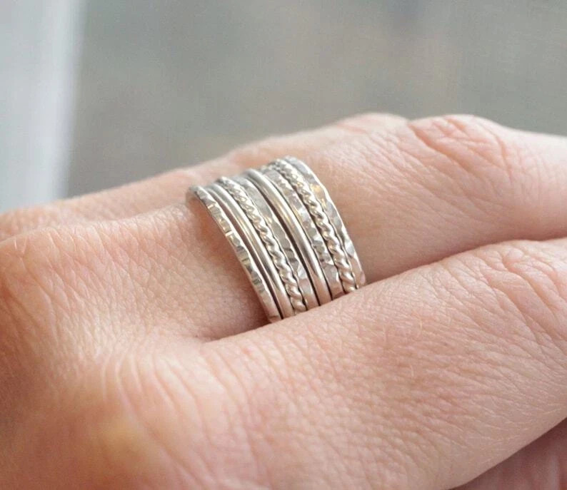 925 Sterling Silver, Solid Silver, Band Ring, Unisex, Set of 8 Stacking Rings