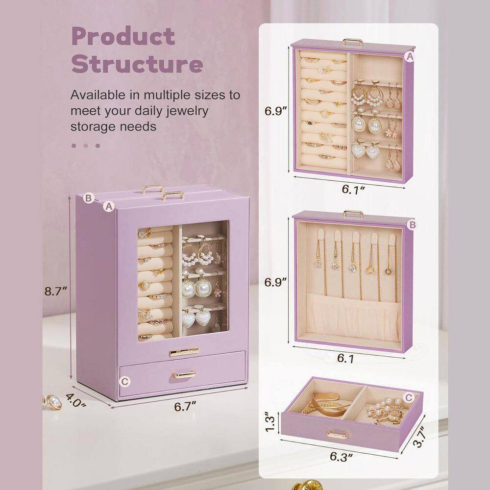 Grey Purple 7 In. X 9 In. Polyurethane Modern Jewelry Box with 3-Drawers