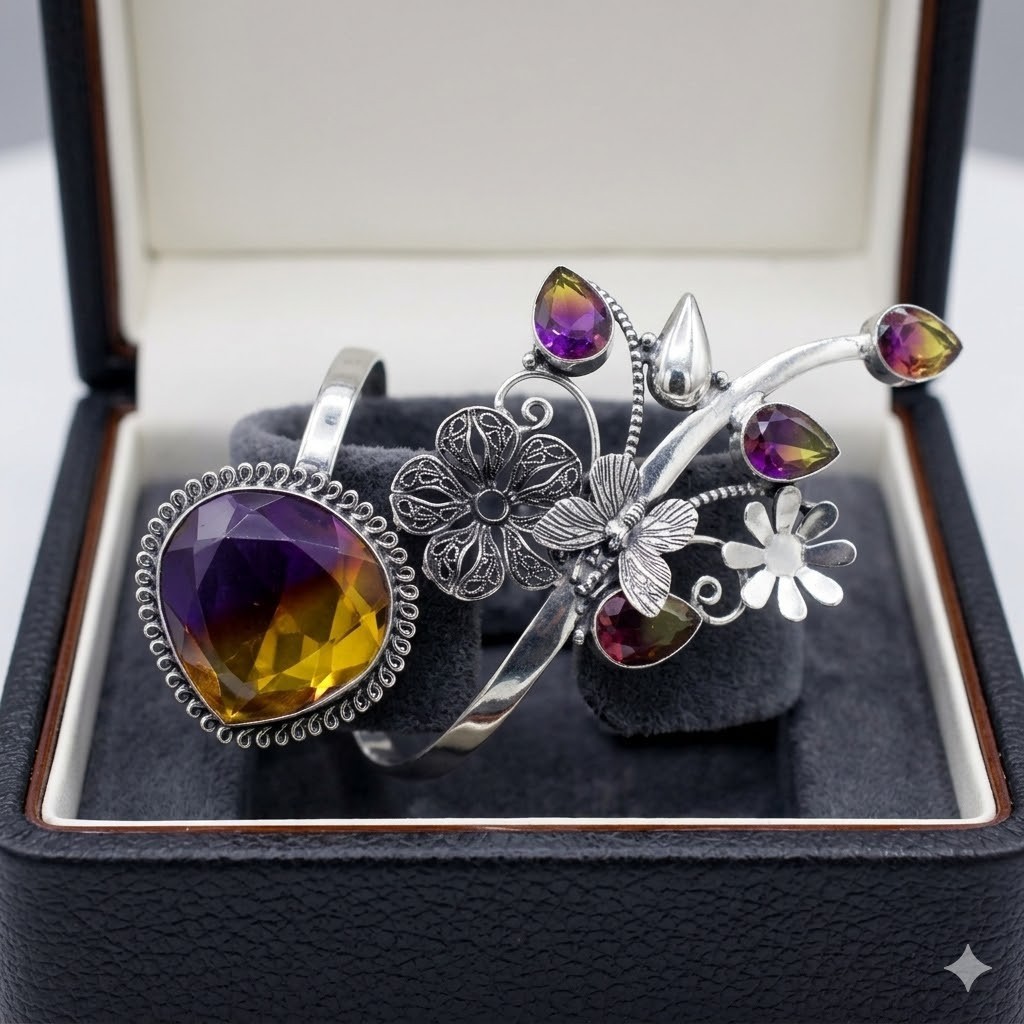 925 Sterling Silver Chrome Bi-Color Ametrine Gemstone Jewelry Cuff Bracelet