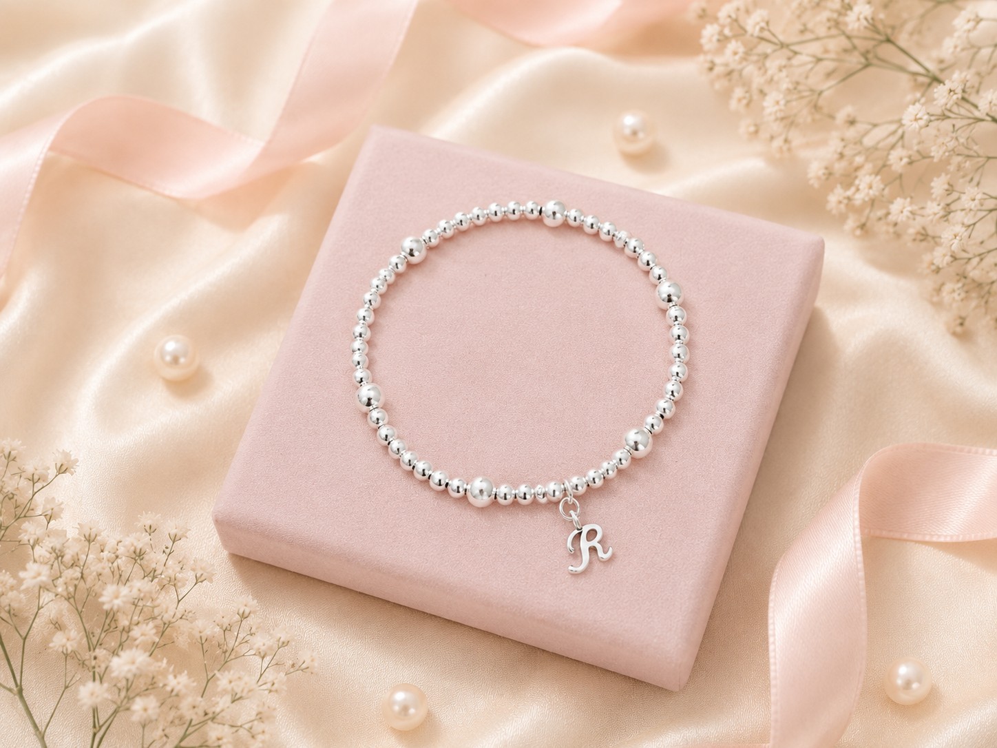 Personalised Initial Heart Bracelet Set Silver Bead Stacking Gift Women