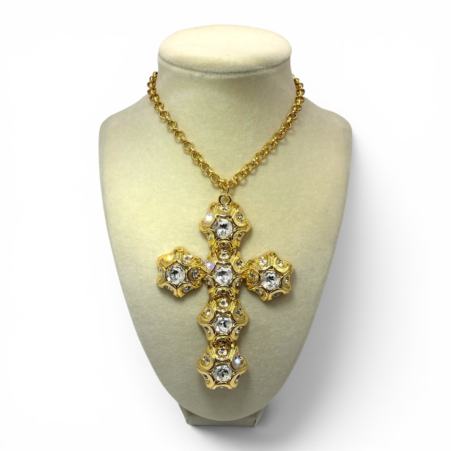 Catwalk Jon Gold Plated Rhinestone Pendant Necklace Signed 4″ Statement Cross