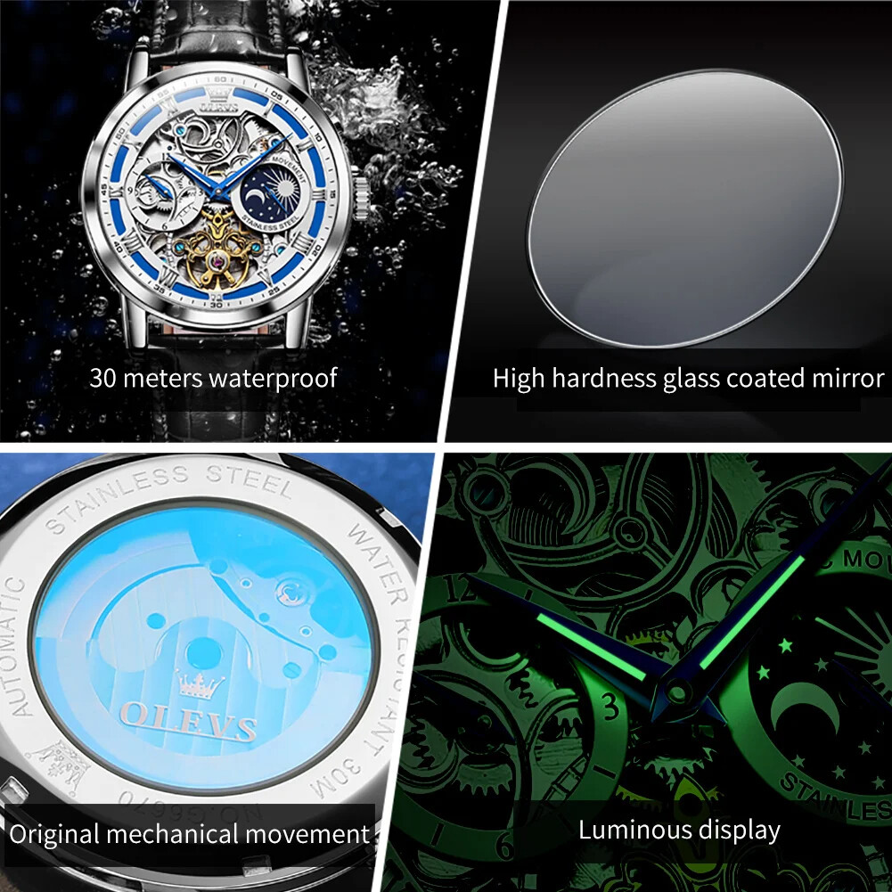 OLEVS Skeleton Self-Wind Automatic Mechanical Men’s Watch Leather Moon Phase