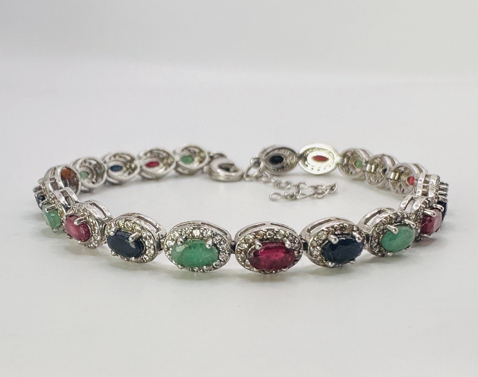 Multi-Gem Halo Set Sterling Silver Tennis Bracelet 8.5 (10.2g)