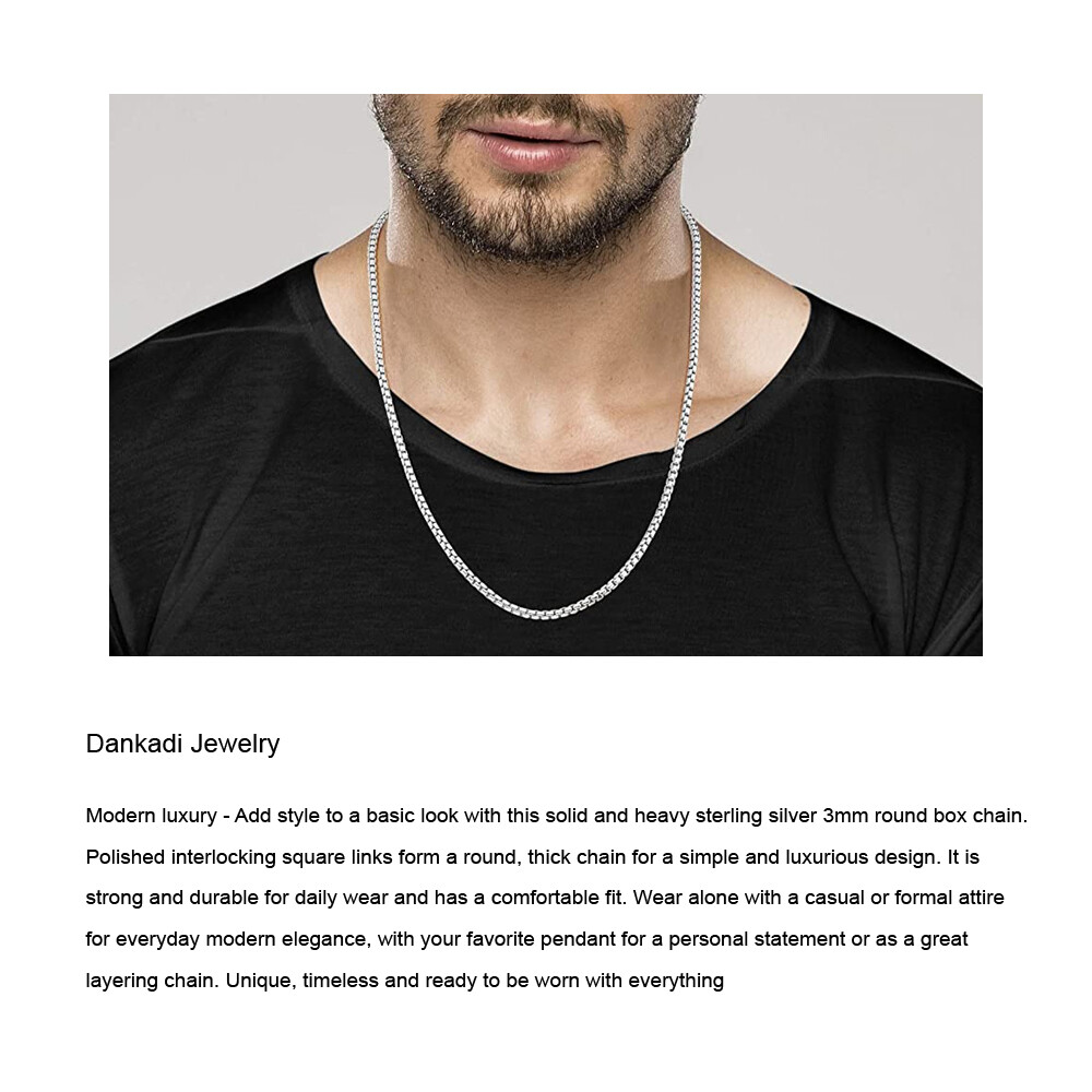 925 Solid Sterling Silver 3mm Round Box Chain Necklace 18″-28″ for Women & Men