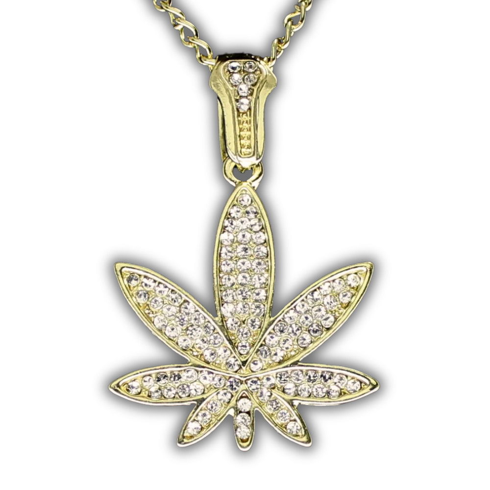 Small Iced CZ Marijuana Pendant 14k Gold Plated Weed 24″ Rope Chain Necklace