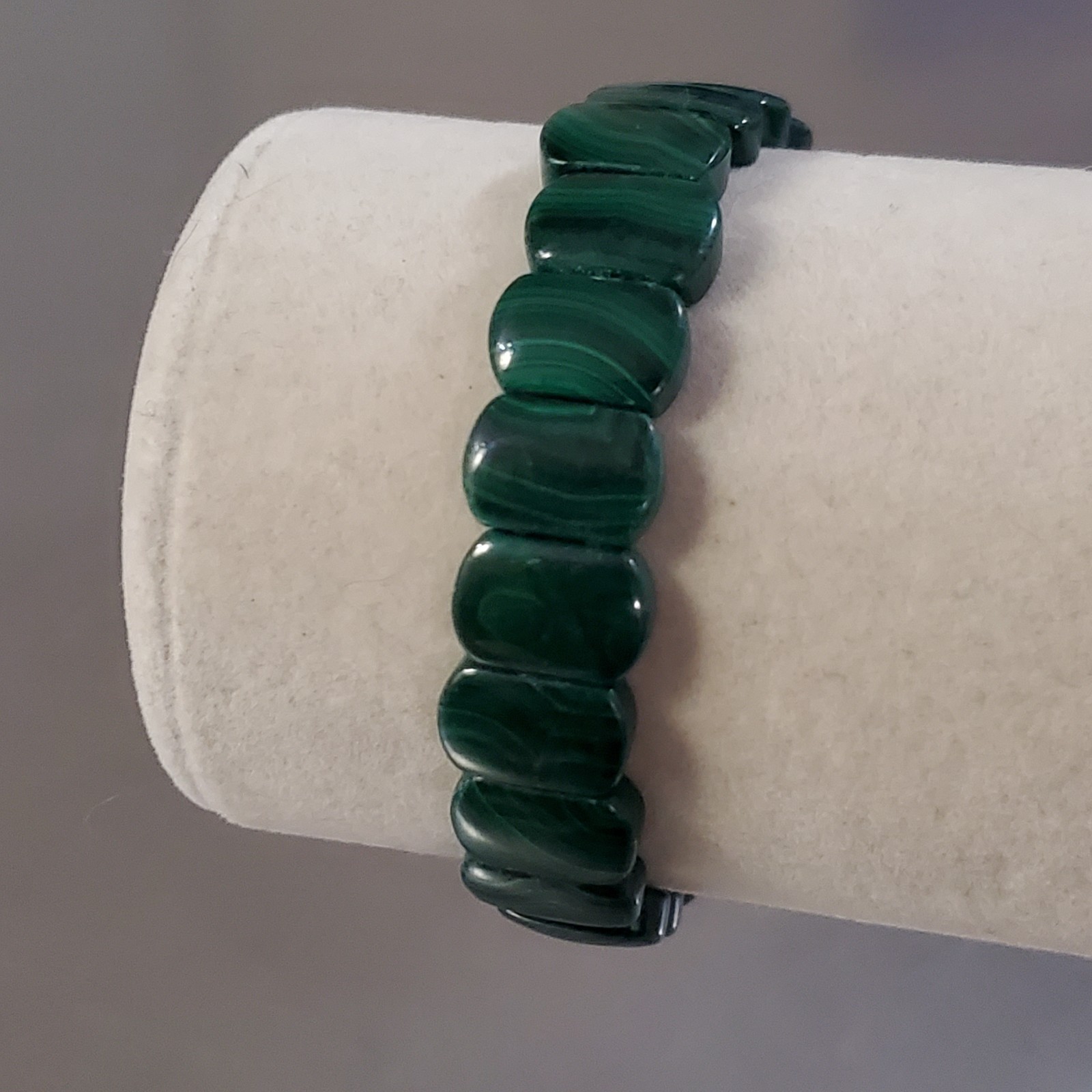 Malachite Bracelet Natural Green Gemstone Rounded Rectangle Bead Stretch 6.5 in