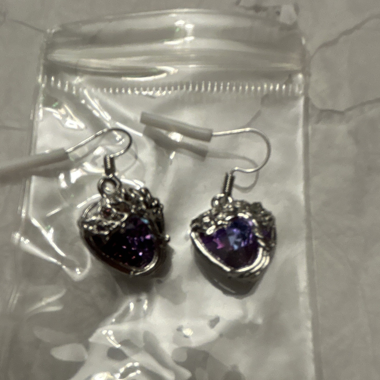 Iridescent Heart Crystal Dangle Drop Hook Earrings Silver Tone