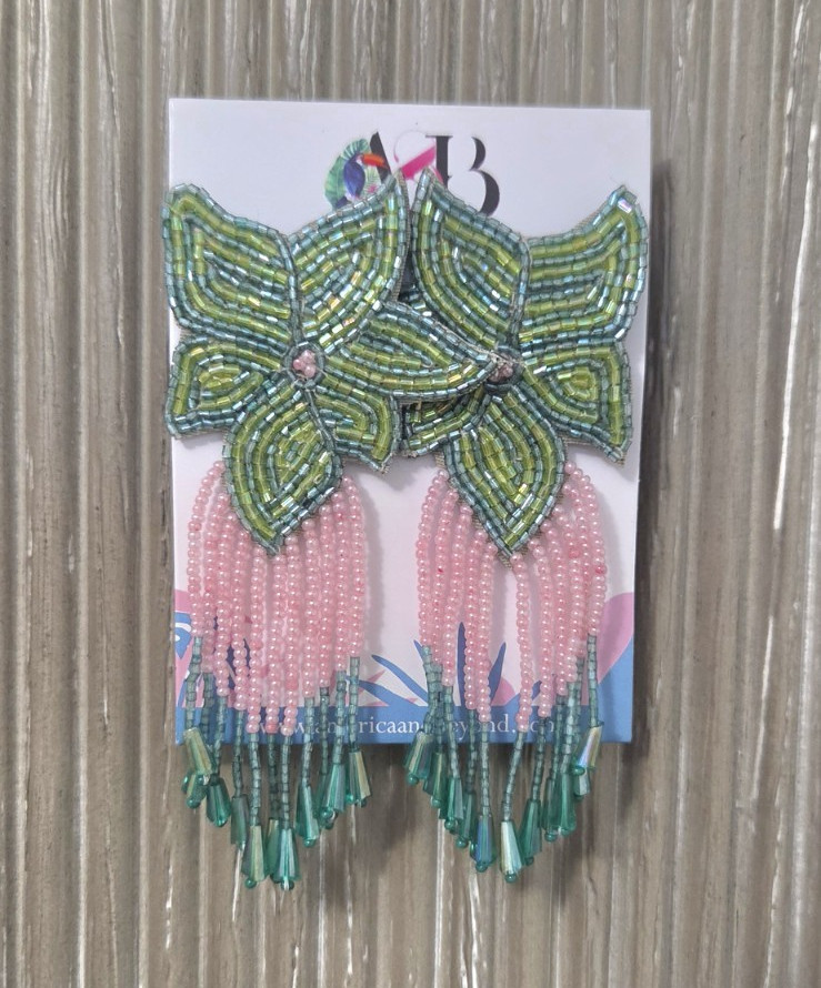 Multicolor Beaded Flower & Leaf Fringe Dangle Drop Earrings No Stone