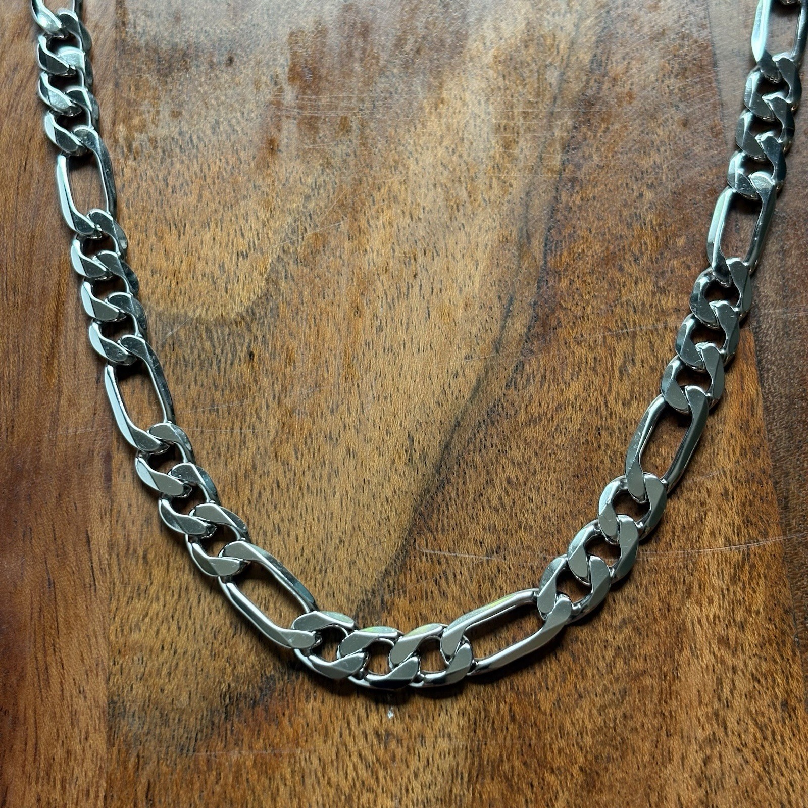 Sterling Silver 925 Heavy Figaro Link Chain 20 in 7mm 34.2g High Polish Rhodium