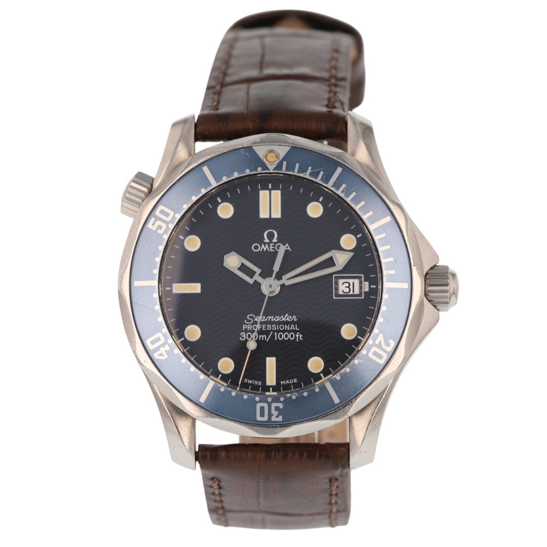 Omega Seamaster Professional Blue Dial Quartz Leather Strap Men’s Wristwatch