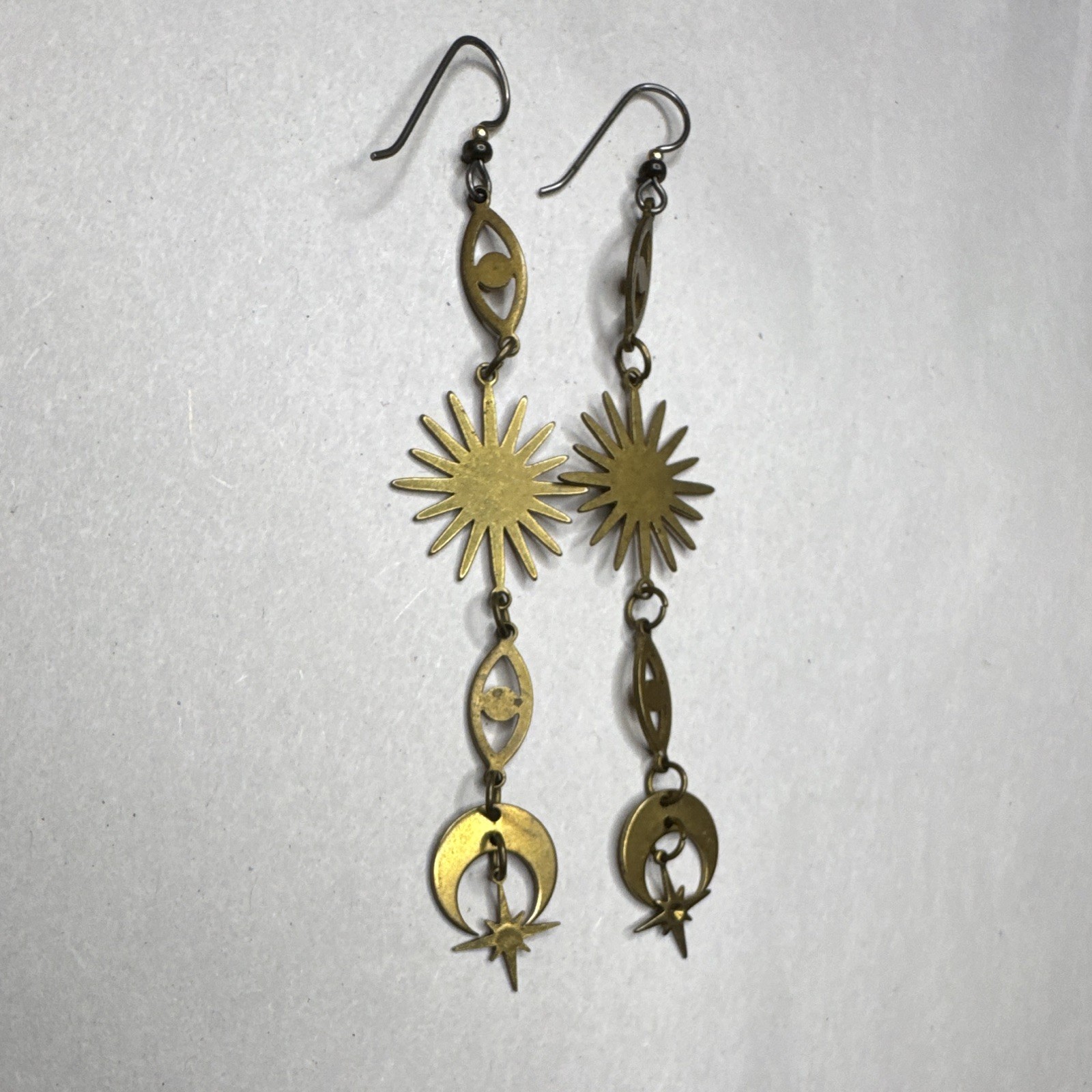 Gold Tone Celestial Sun Moon Star Dangle Drop Hook Earrings No Stone Metal
