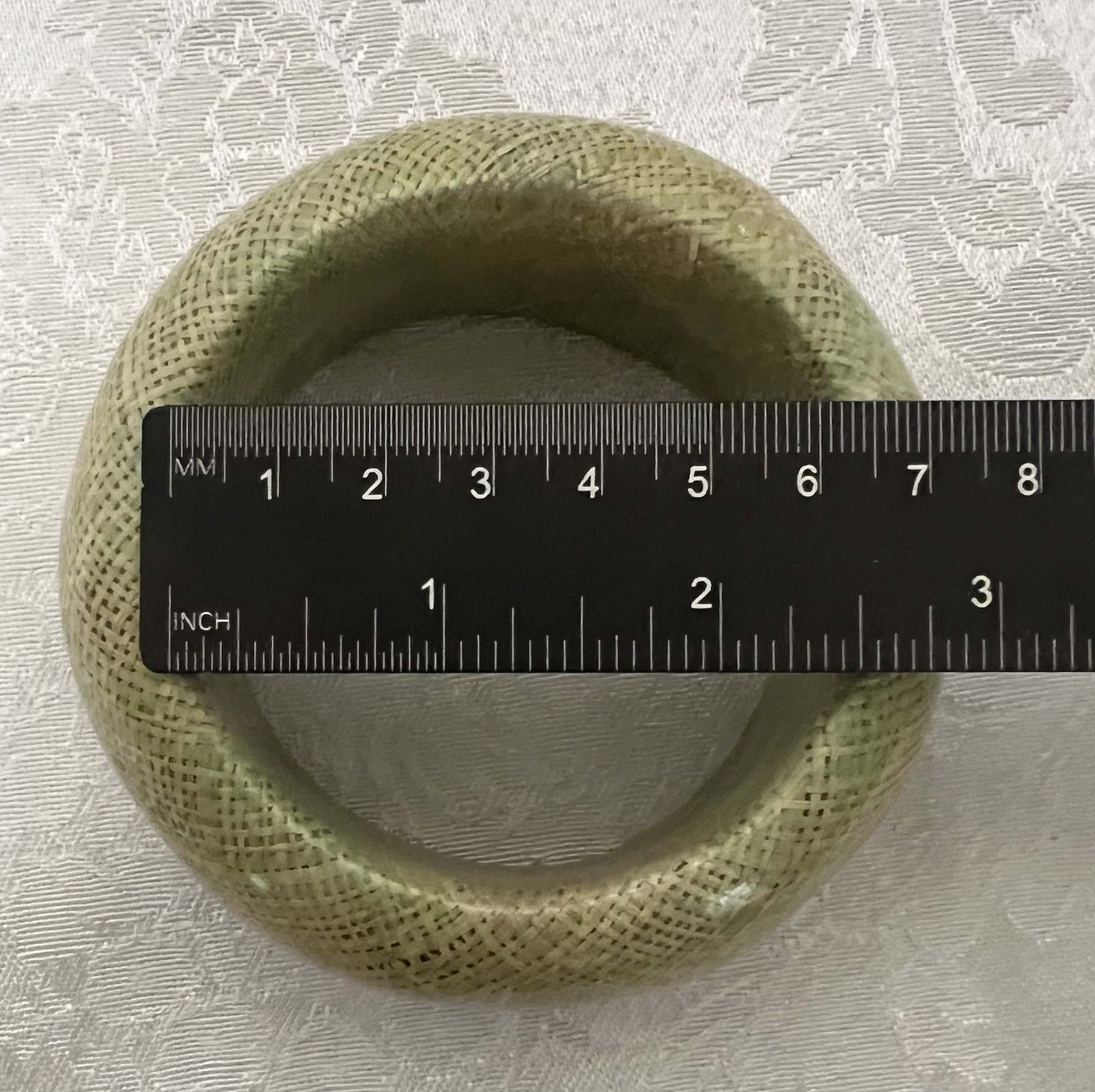 Vintage Chunky Bangle Bracelet Green Burlap Fabric Encased in Acrylic Lucite