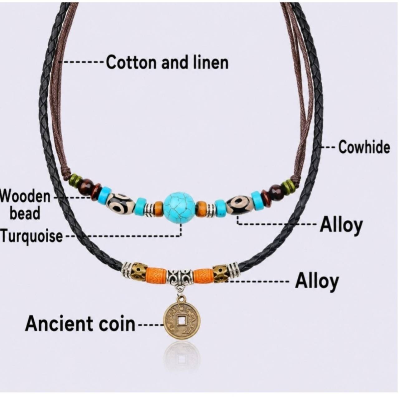 Bohemian Layered Necklace Turquoise Beaded Coin Pendant Adjustable