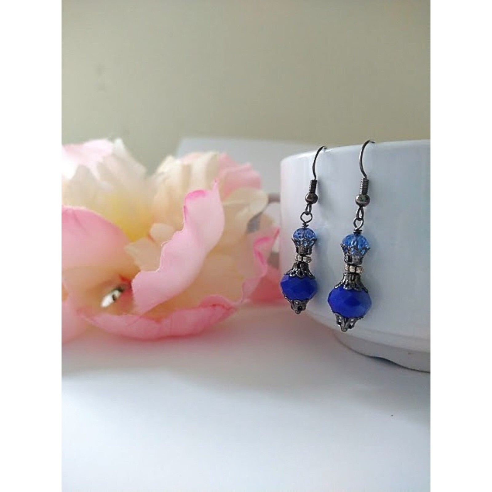 Sparkling Blue Glass Gray Gunmteal Dangle Bridesmaid Earrings Gift For Her