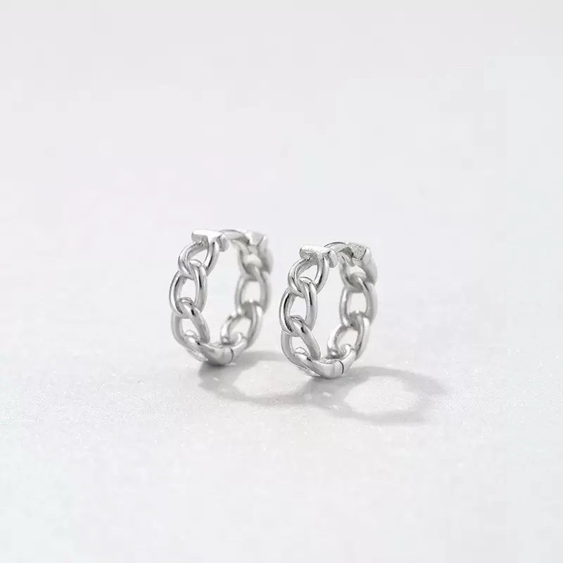 925 Silver Chain Link Huggie Hoop Earrings Vintage Unisex Geometric Earrings A62