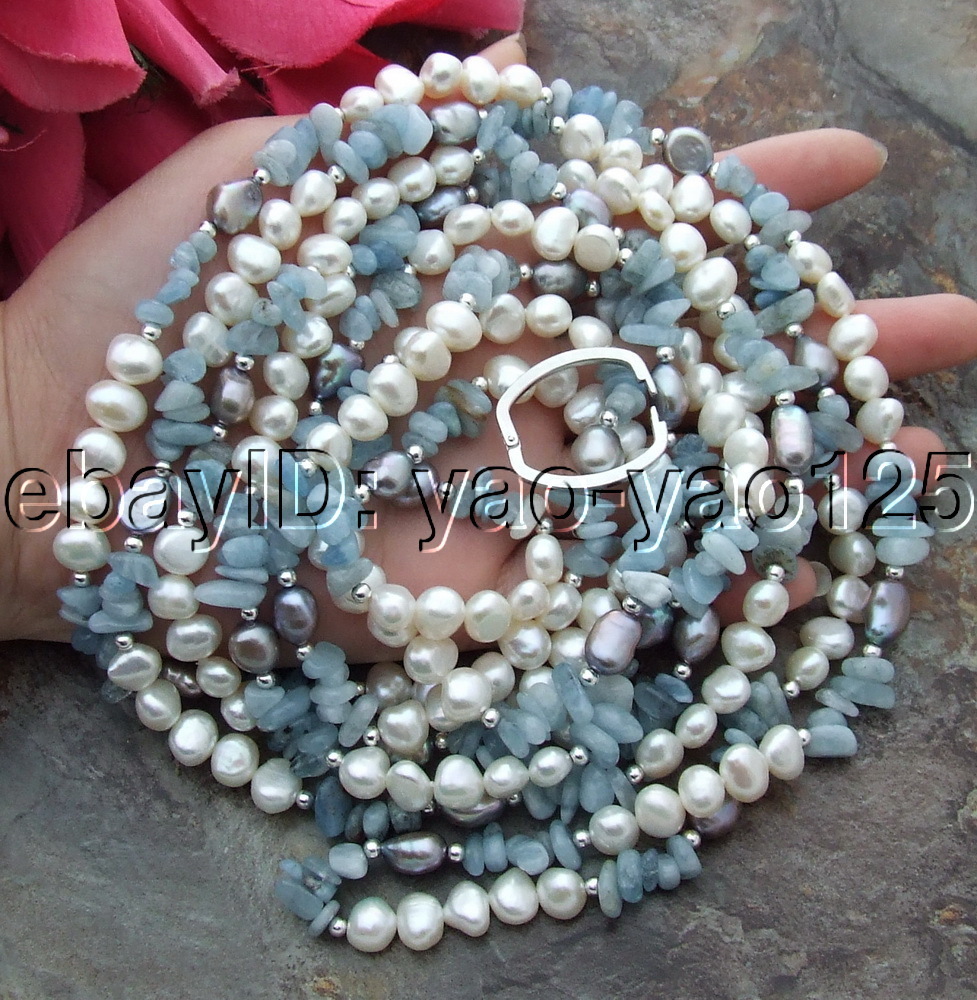 93″ White Baroque Pearl Blue Aquamarine Necklace