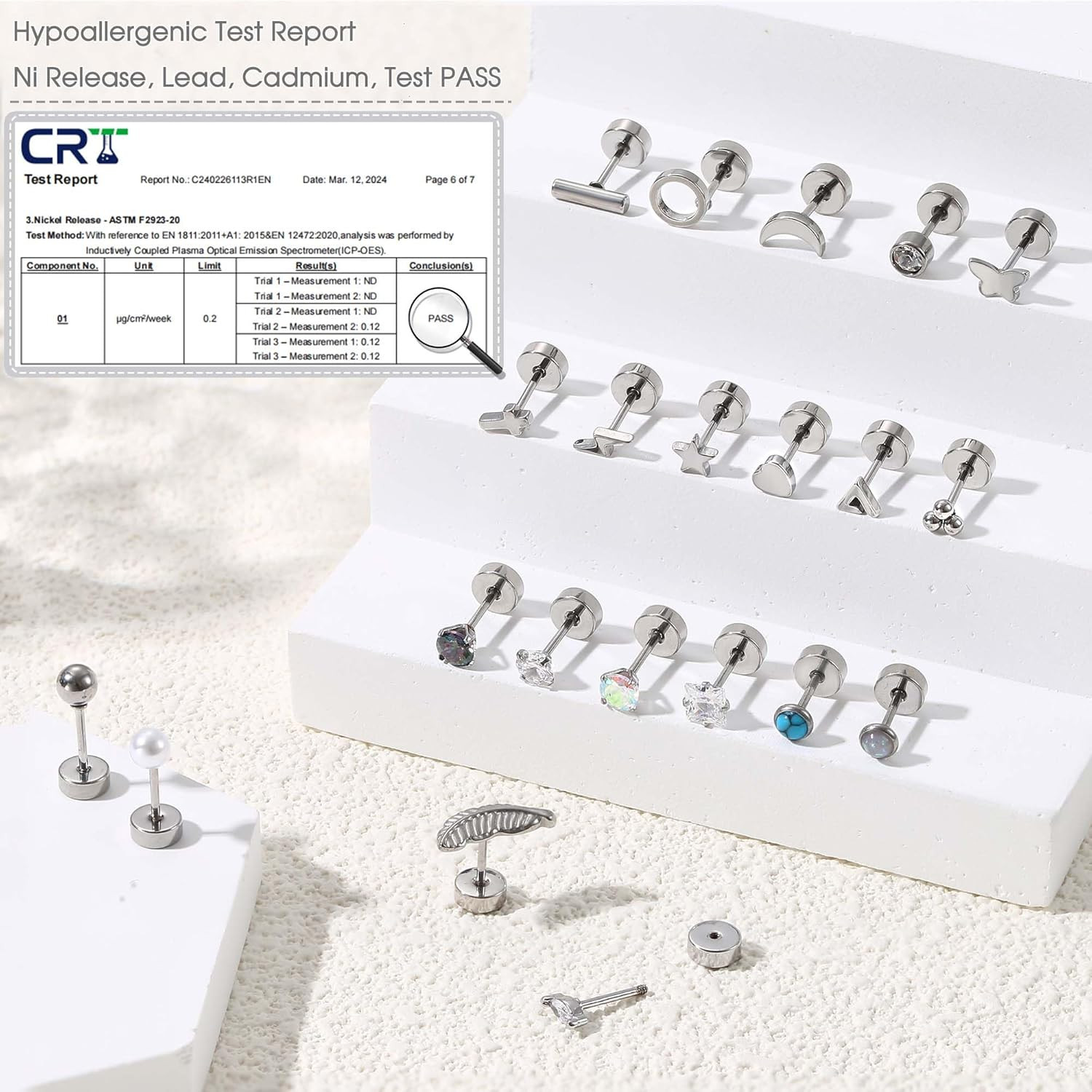 21 Pairs Hypoallergenic Flat Back Stud Earrings for Women Men Surgical Stainless