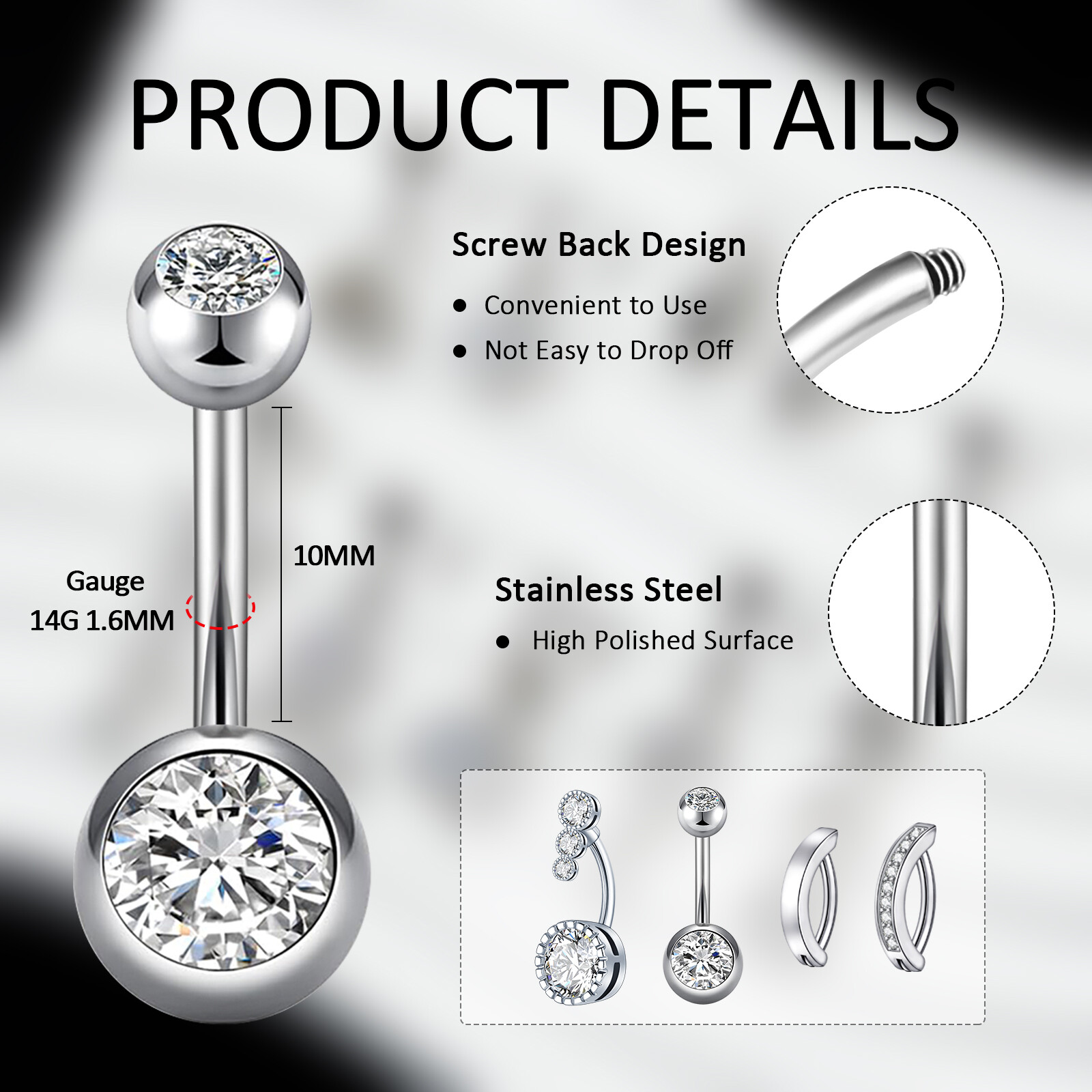 9pc 14G CZ Belly Button Ring Long Dangled Navel Bar Piercing Jewelry Silver Gold