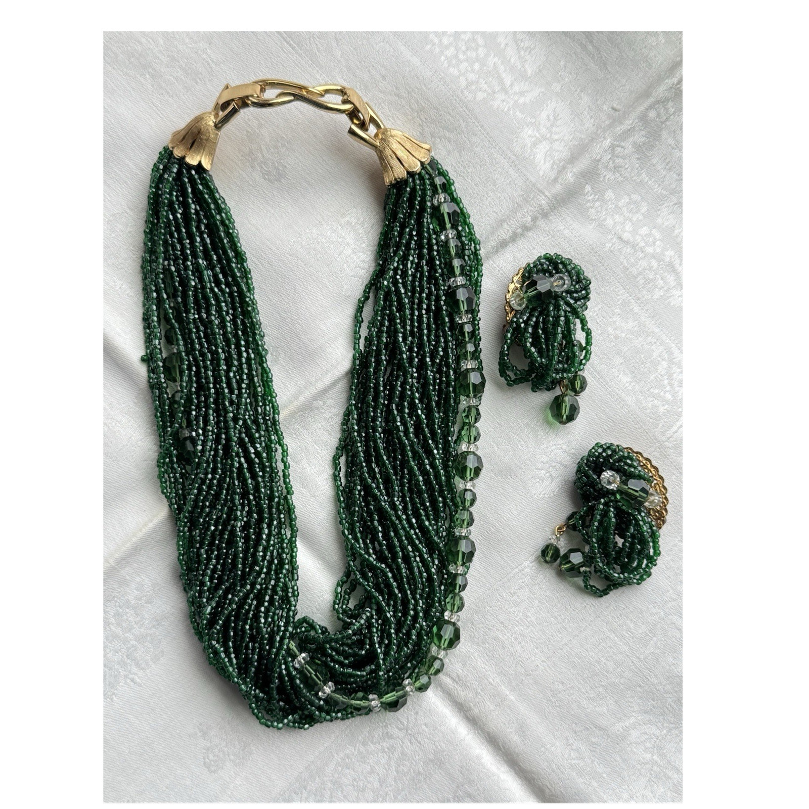 Rare Vtg Signed MARCEL BOUCHER Emerald Green Glass Seed Bead Demi Parure Set