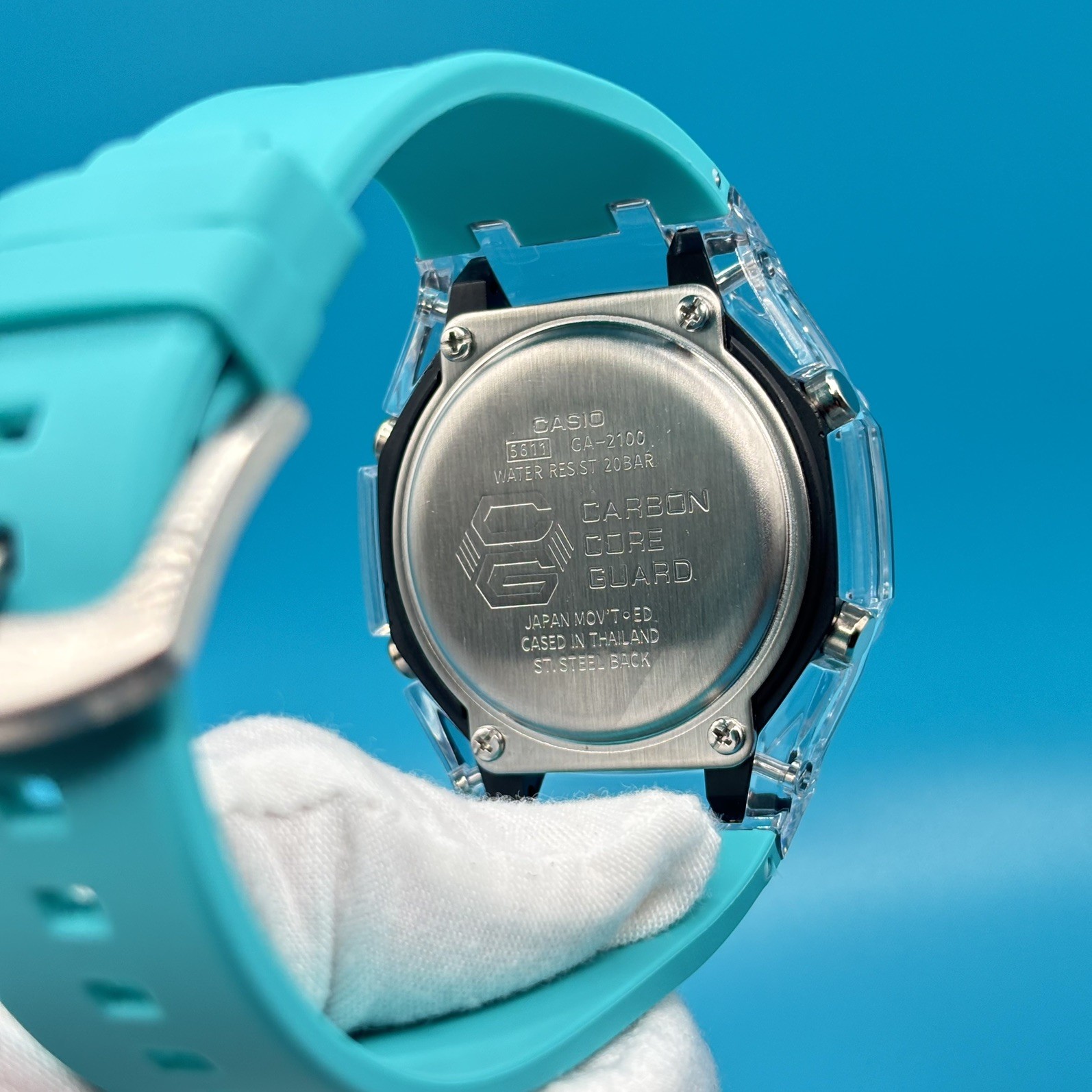 Custom GA-2100 Octagonal Watch Clear Case Sky Blue Dial Casio G-SHOCK Pool Blue