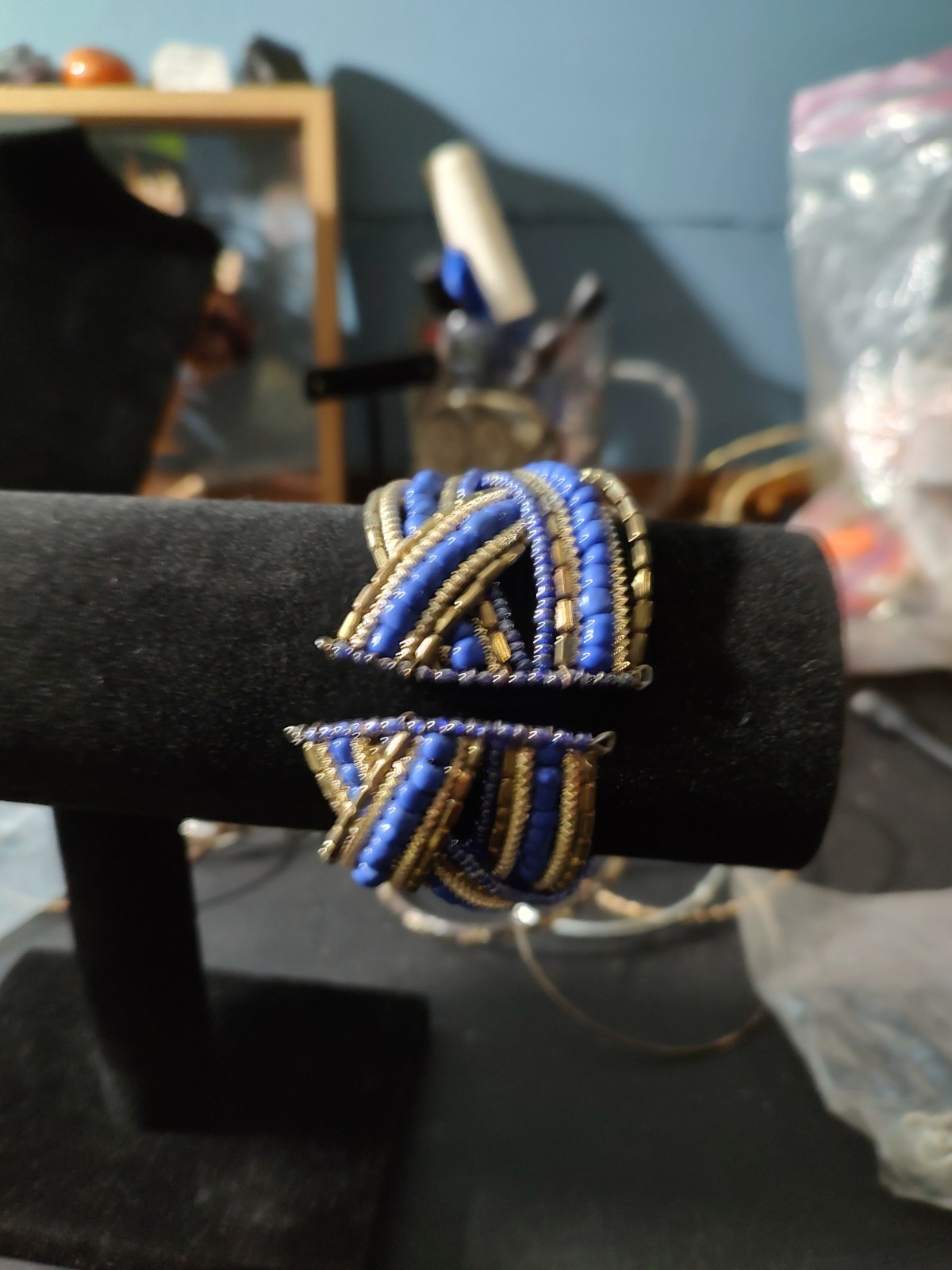 Handmade Blue & Gold Beaded Wrap Bracelet, Knot Design, Unisex Adults