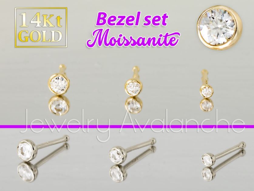 Solid 14kt White / Yellow Gold 22G Nose Bone Stud with Bezel Set Moissanite