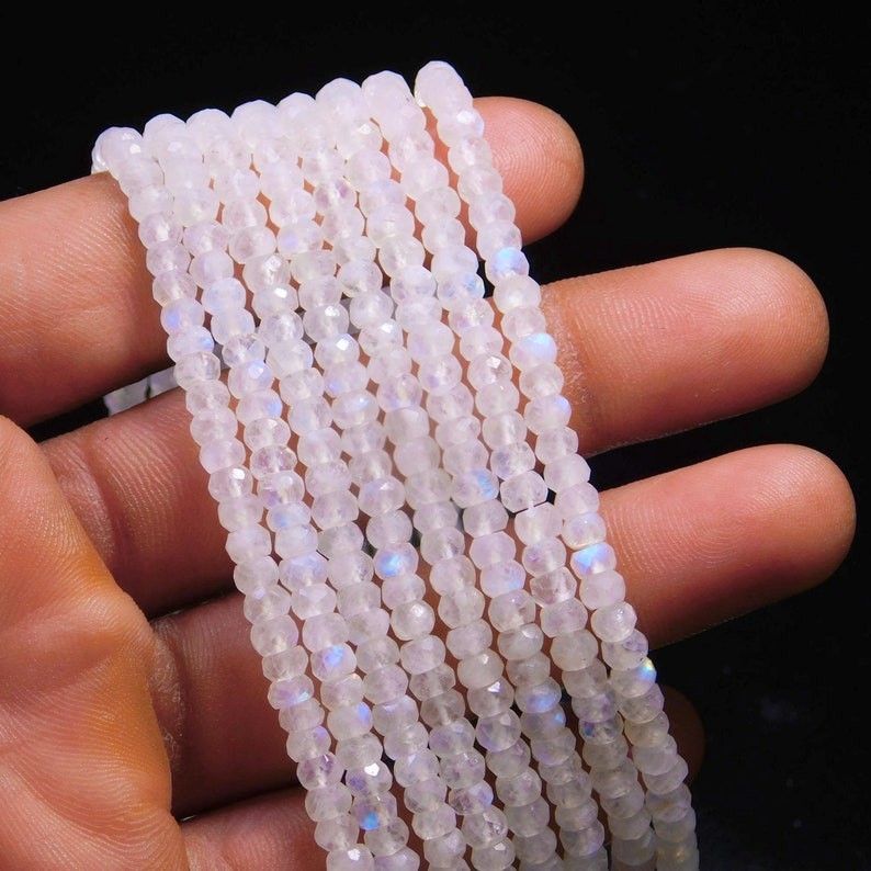 AAA Natural Flashy Rainbow Moonstone Faceted Rondelle Gemstone Beads 12” Strand