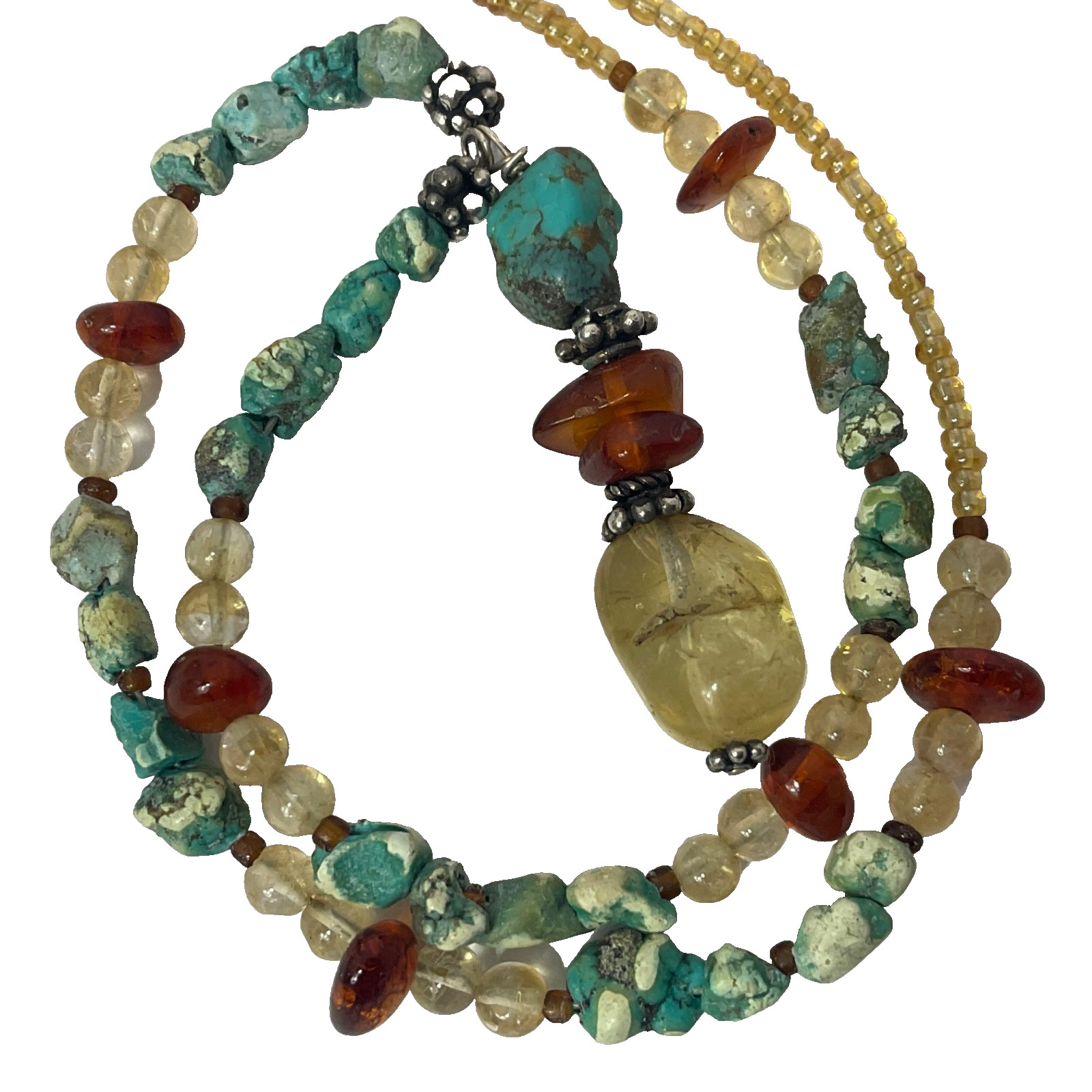 Vtg Artisan Turquoise Amber Citrine Beaded Y Pendant Necklace Sterling Silver