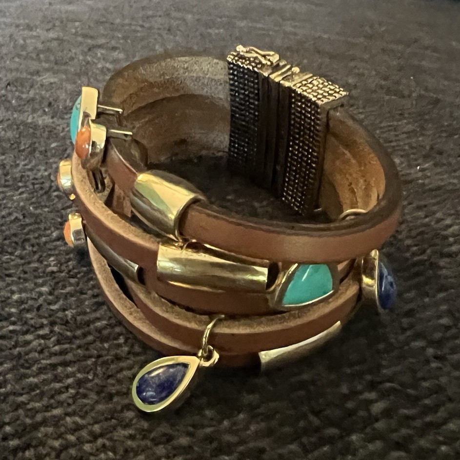 Barse Brown Leather Wrap Charm Bracelet Magnetic Closure Dangle Charms Signed