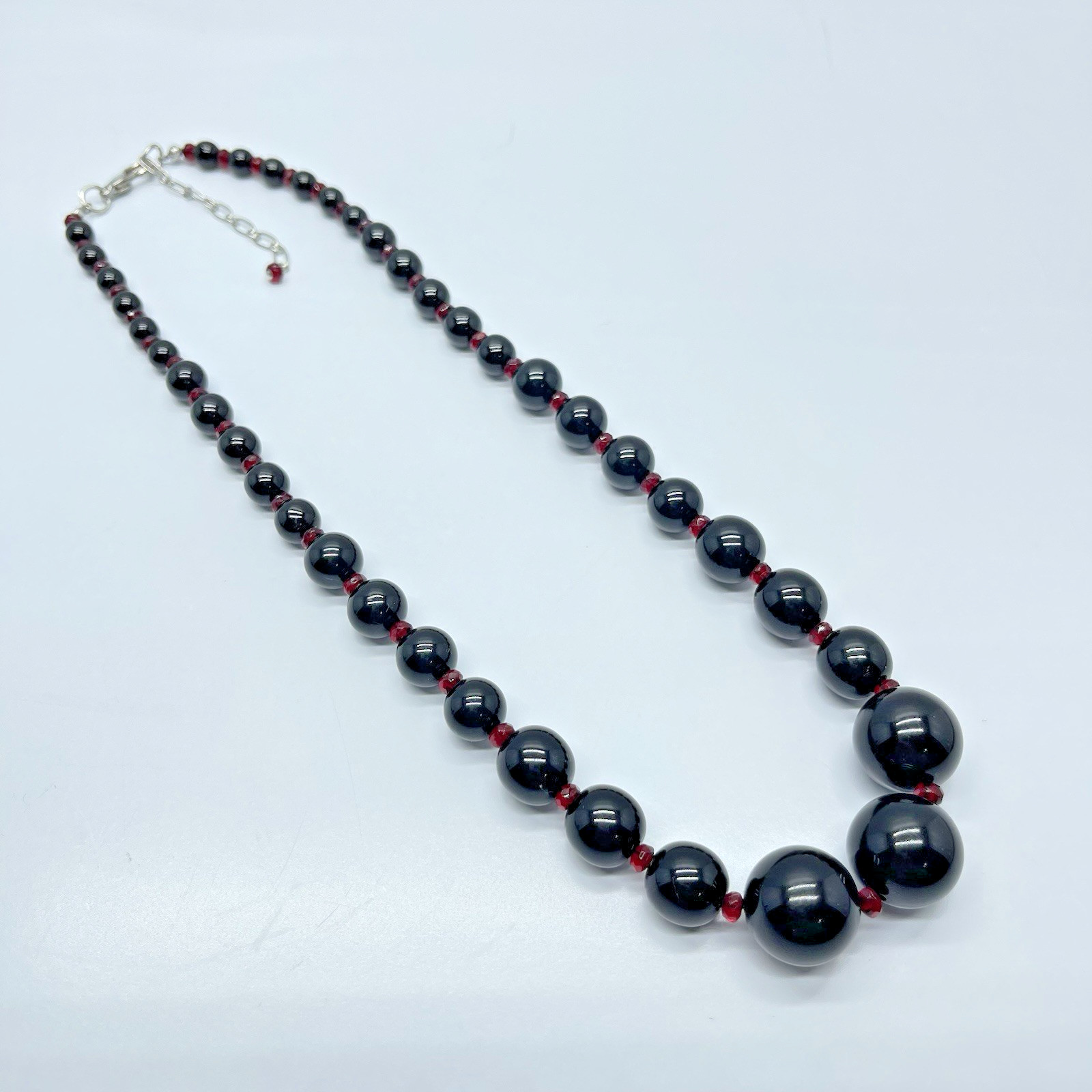 Gothic Black Beaded Necklace Graduated Bead Ruby Red Crystal Spacer Silver Tone
