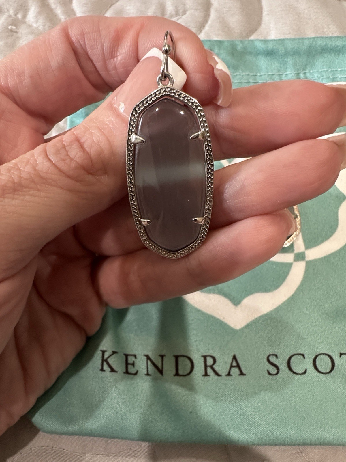 Kendra Scott Signed Silver Plated Gray Oval Glass Dangle Drop Hook Earrings