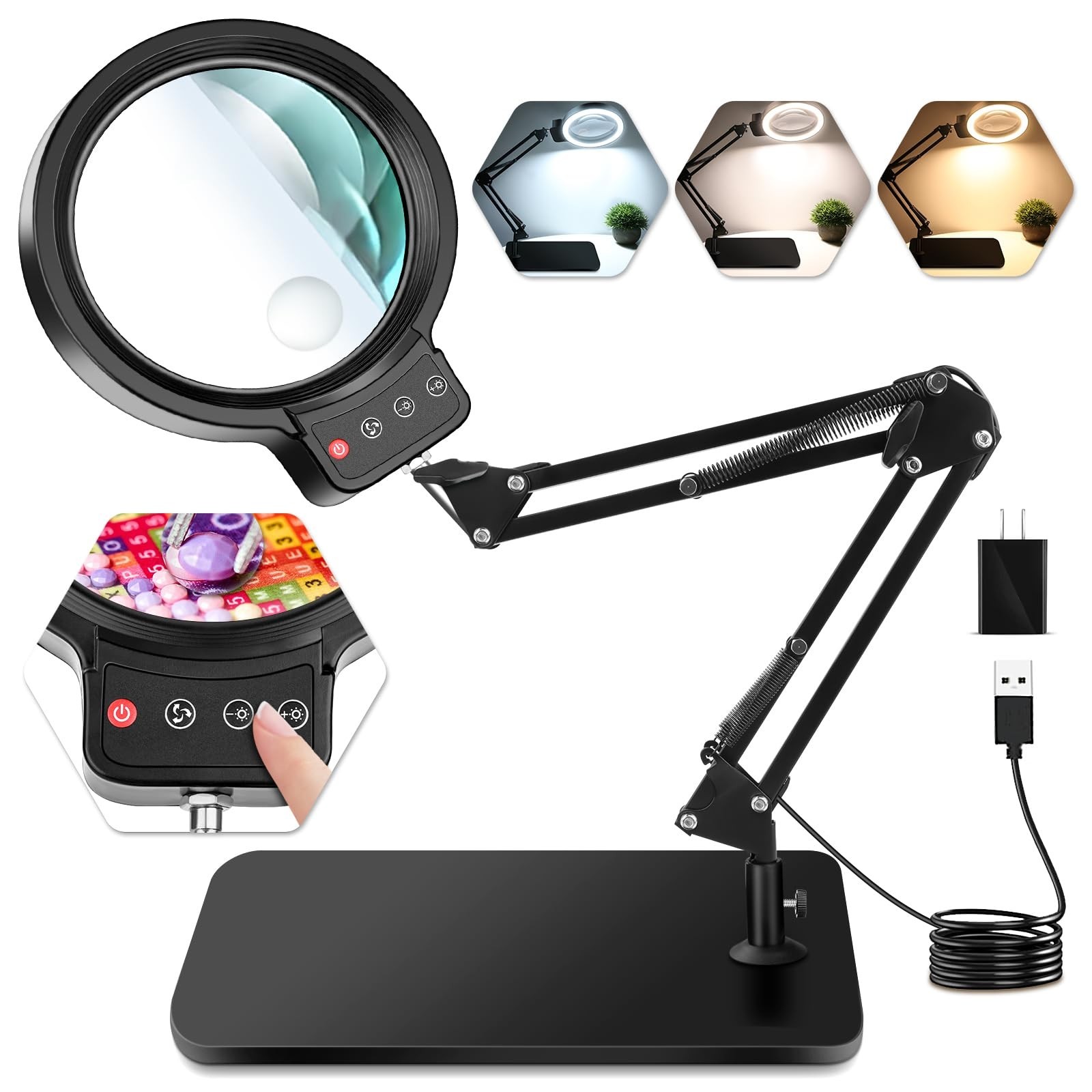 10X 30X Lighted Magnifying Glass with Stand & LED, 5-Inch Dimmable Desk Lamp for