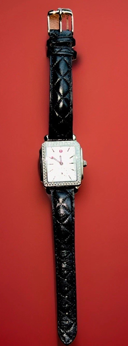 Michele Deco Diamond Watch .49ct 108 Diamonds Black Leather Sapphire