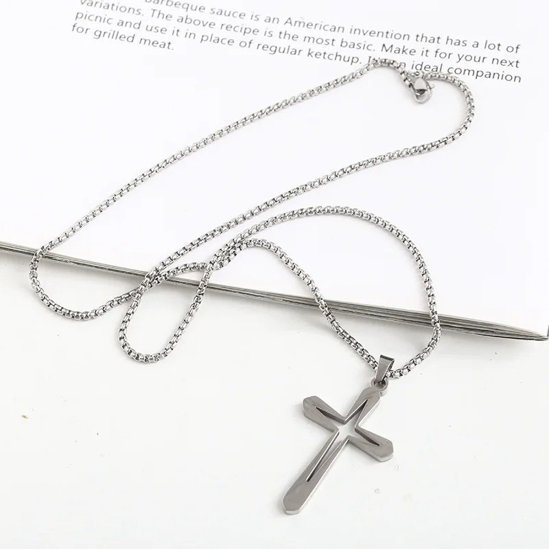 Cross inside a cross pendant necklace silver plated over stainless steel