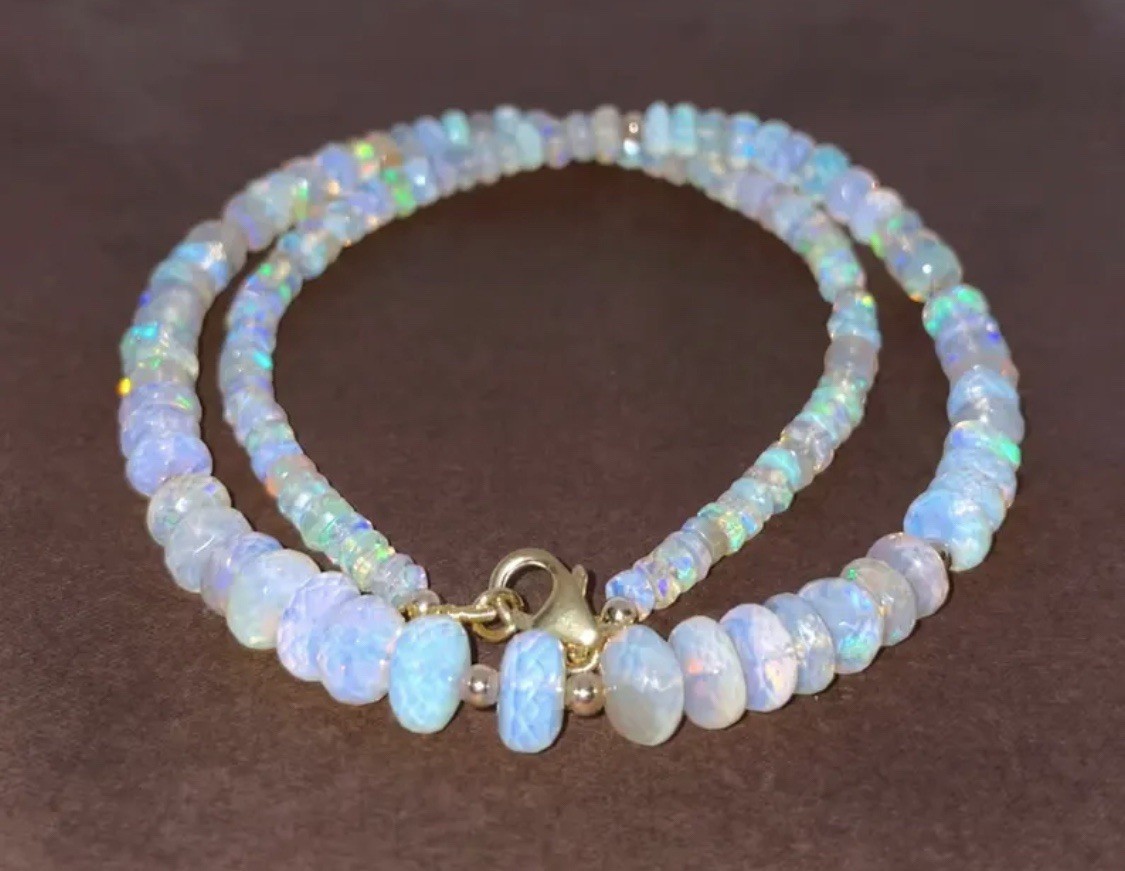 Genuine Opal Beaded Necklace with 9K Solid Gold Beads