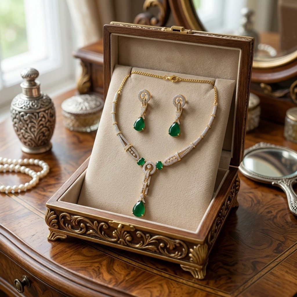 Emerald Green Crystal Pendant Necklace Earrings Set Gold Plated Bridal Jewelry