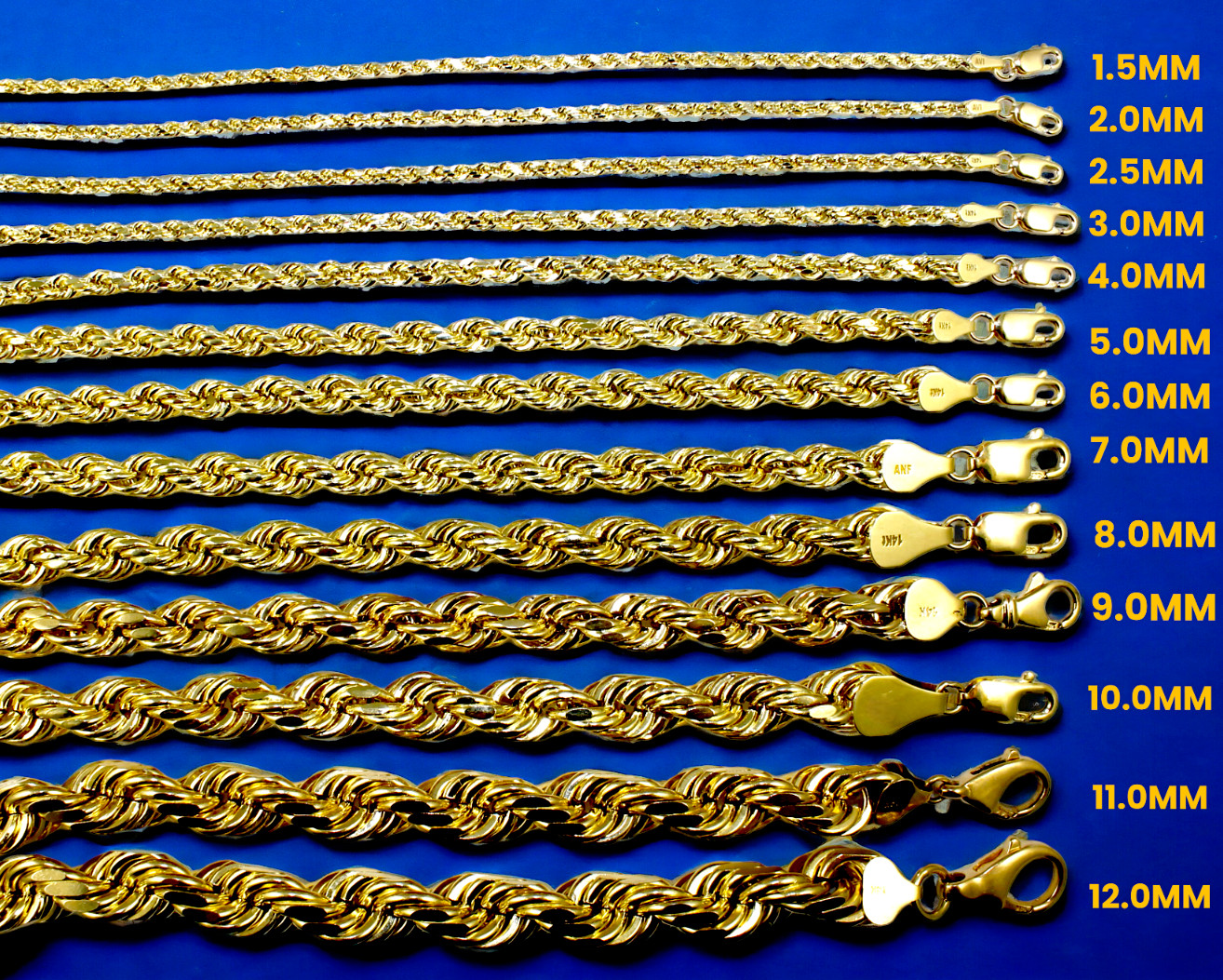 14K Yellow Gold SOLID Rope Chain Necklace Bracelet Diamond Cut 1mm-12mm 7″-30″