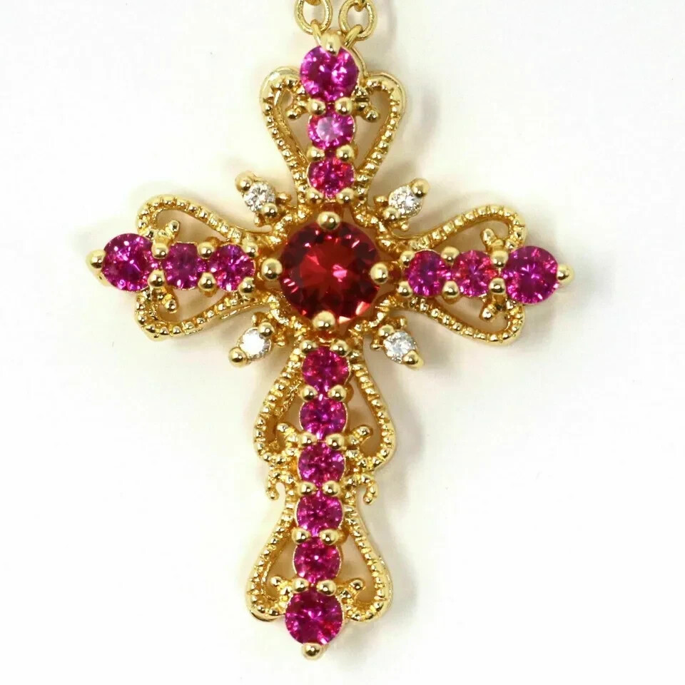 3Ct Round Cut Red Ruby Diamond Cross Pendant 14K Yellow Gold Over