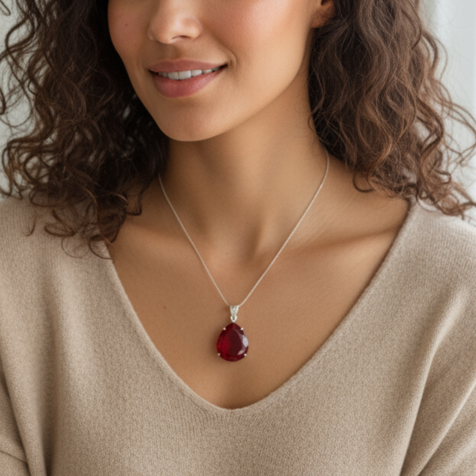 Handmade Ruby Pear Necklace, 90–100ct Red Gemstone Pendant with Free Chain Gift