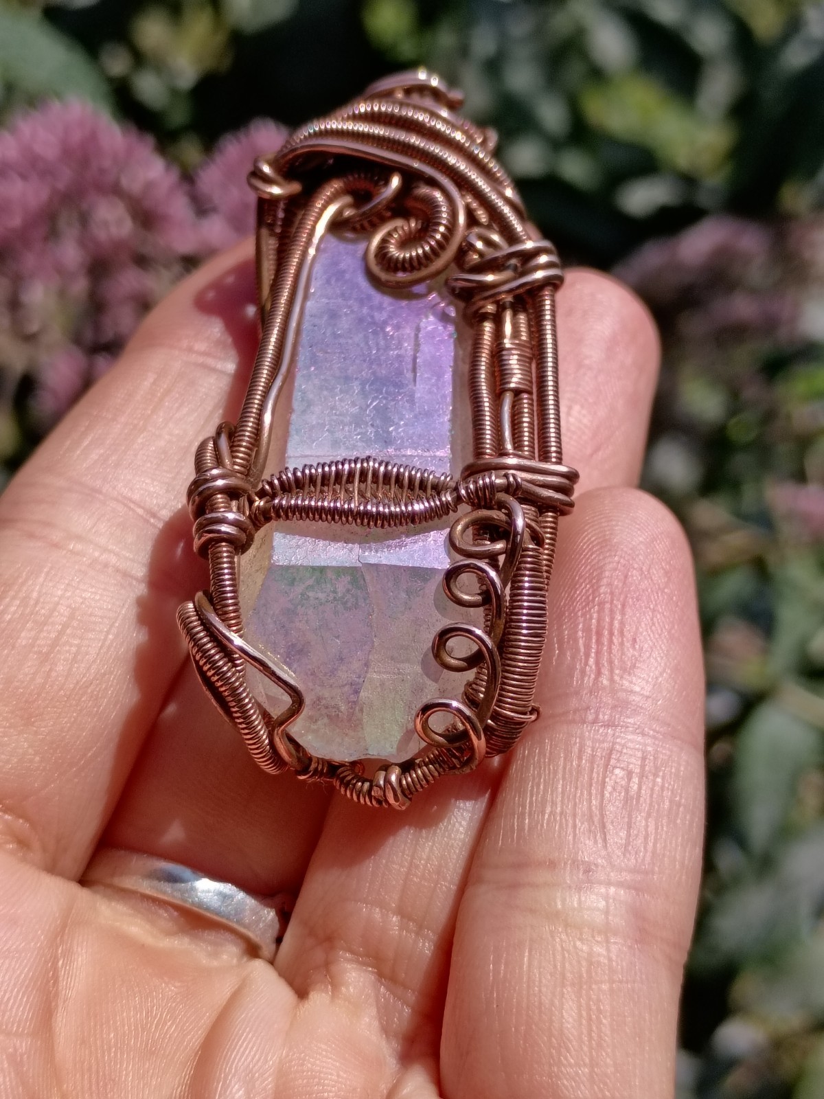 Angel Aura Quartz Crystal Wire Wrap double terminated Copper Pendant Necklace