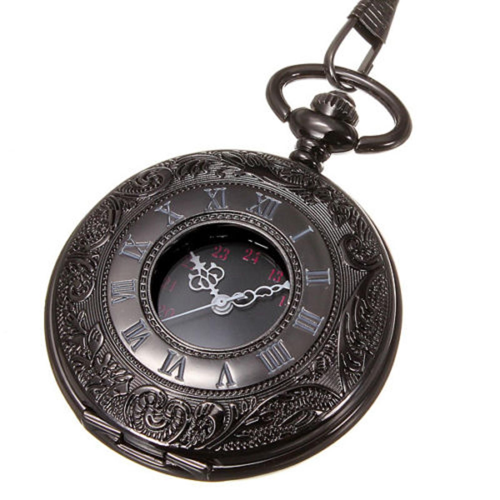 Vintage Retro Steampunk Pocket Watch Black Quartz Pendant Necklace Chain Gift F