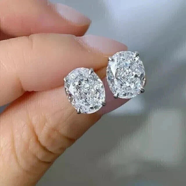 2Ct Oval Cut Real Moissanite Solitaire Stud Earrings 14K White Gold Plated