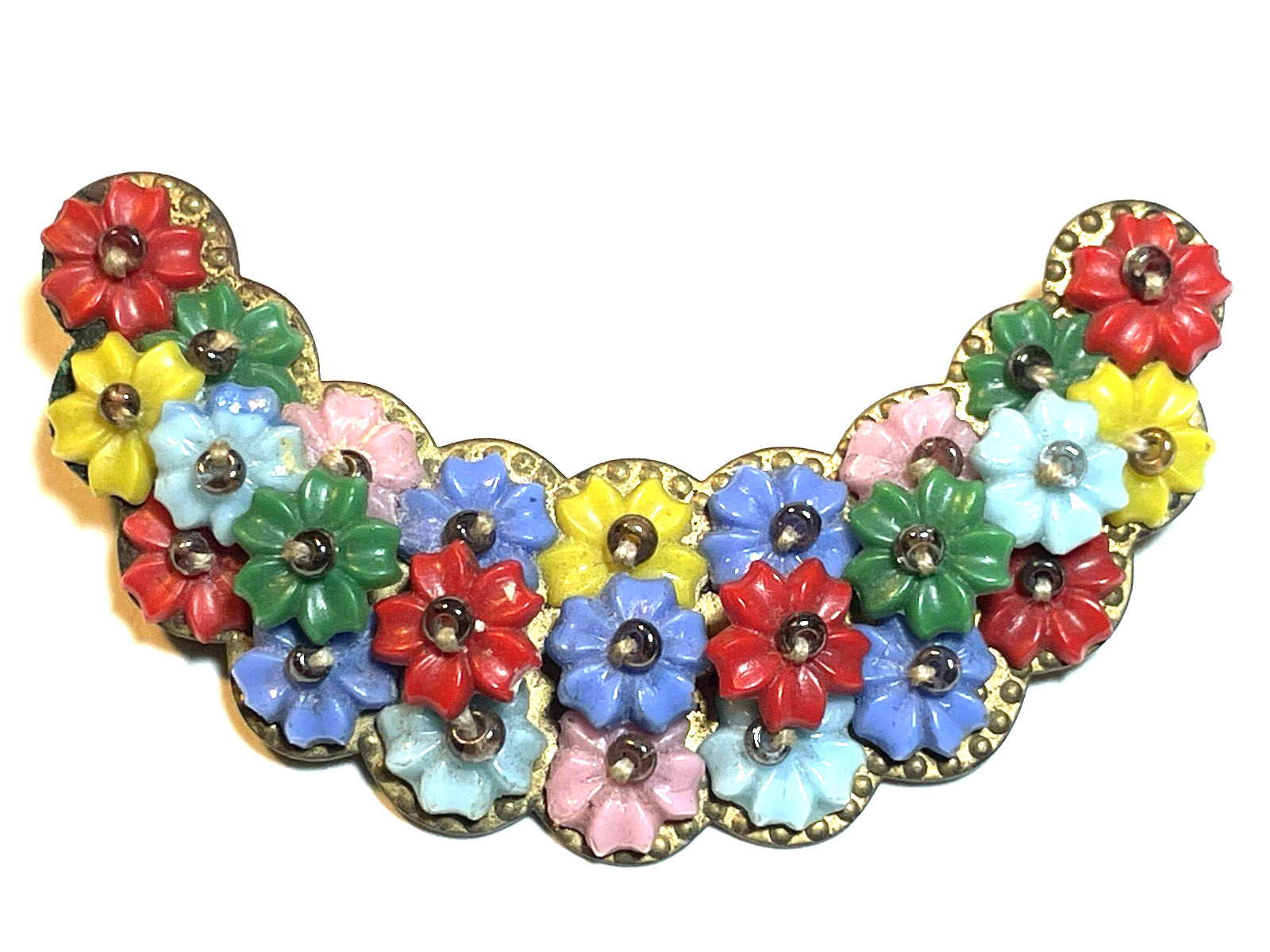 VTG UNSIGNED-MIRIAM HASKELL 2-3/8” WIDE HAND STRUNG LAYERED DECO FLOWER BROOCH