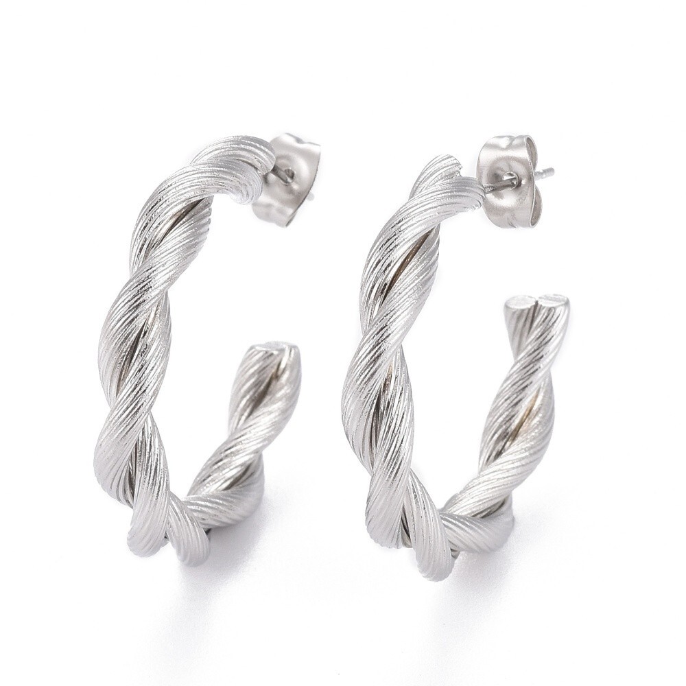 Half Hoop Hypoallergenic Earrings Twisted Textured 28.5×4.5mm pin:0.5mm Stainles