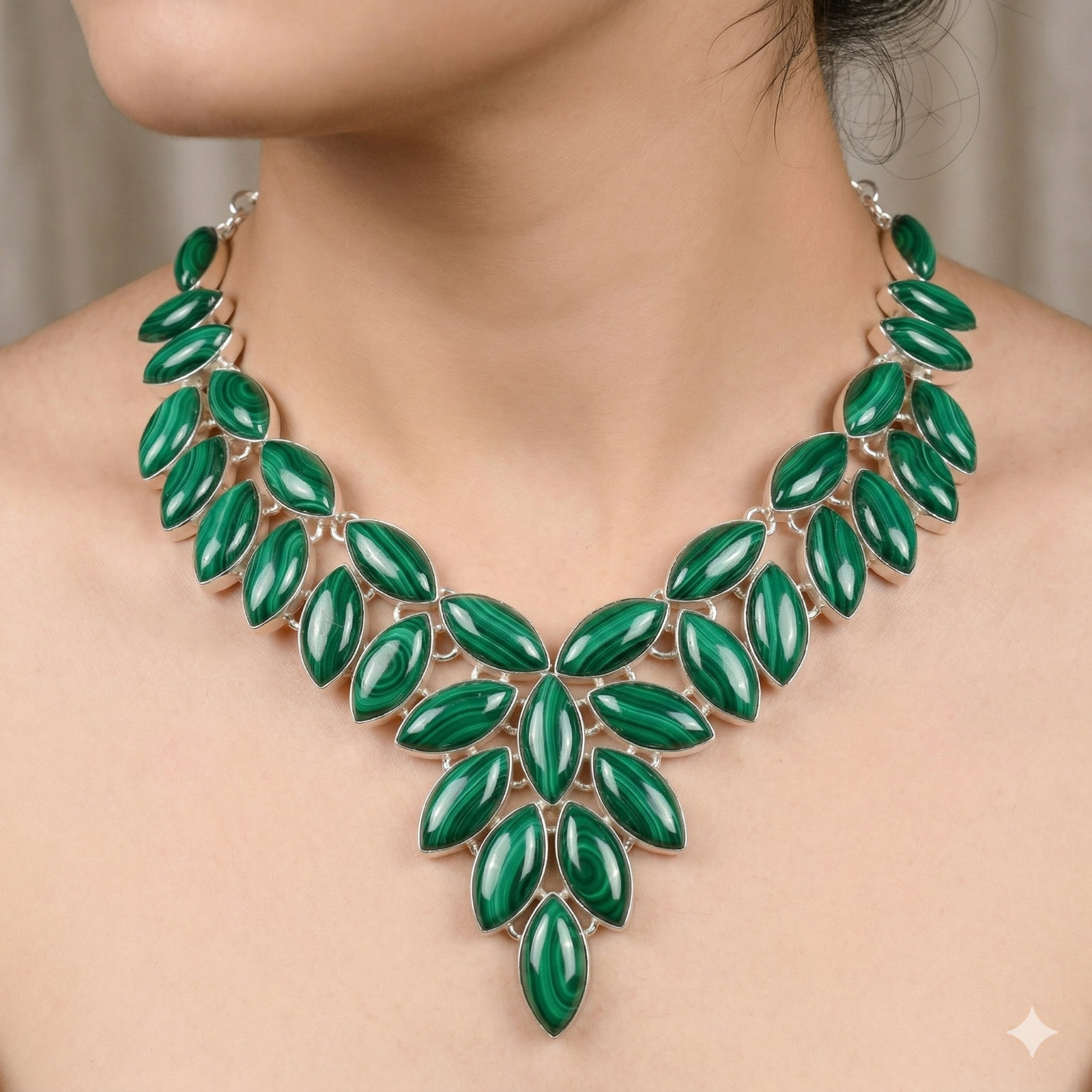 Green Malachite Gemstone Necklace 925 Sterling Silver Statement Bib ADJ 18″