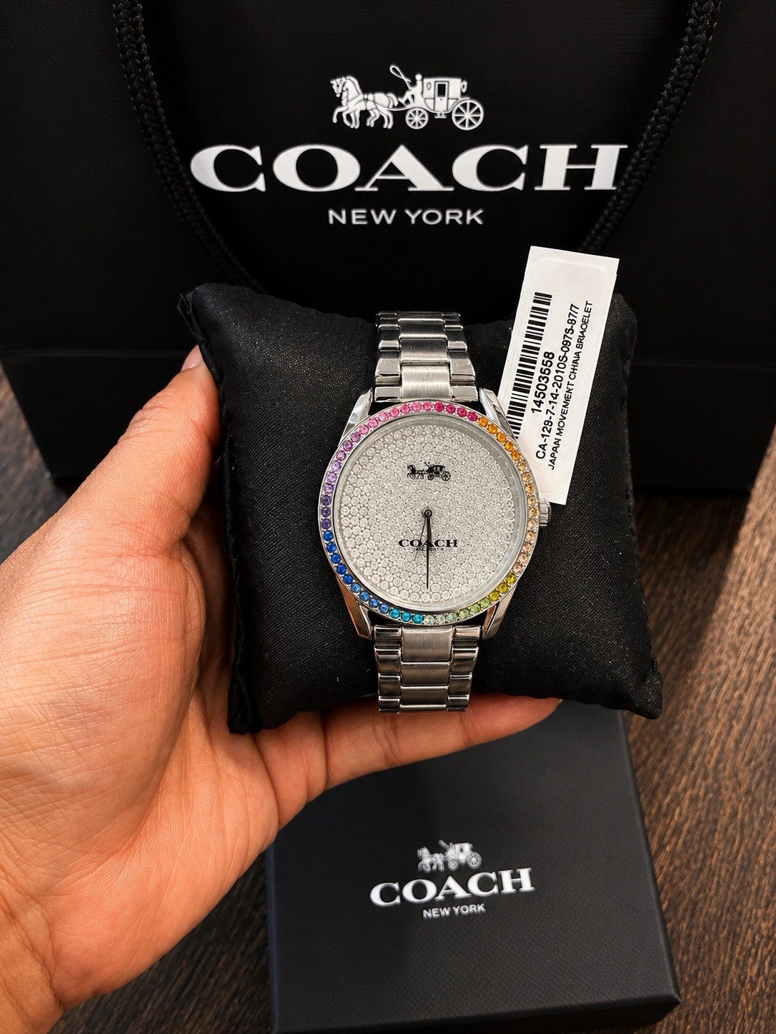 Coach Rainbow Crystal Bezel Silver Pavé Dial Quartz 36mm 30m w/ Box